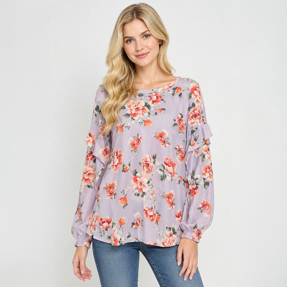 Vine & Love Soft Floral Long Sleeve Ruffle Top Sz Medium